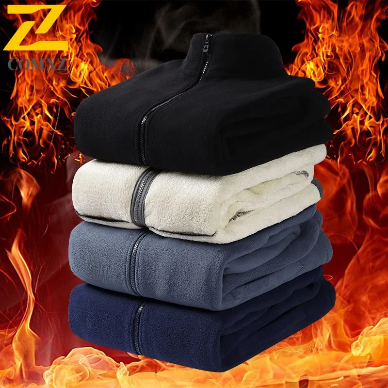 COMXZ 2025 Mens Winter Fleece Lined Thick Polar Fleece Jacket Stand Collar Casual Sports Warm Outwear for Middle Aged Men