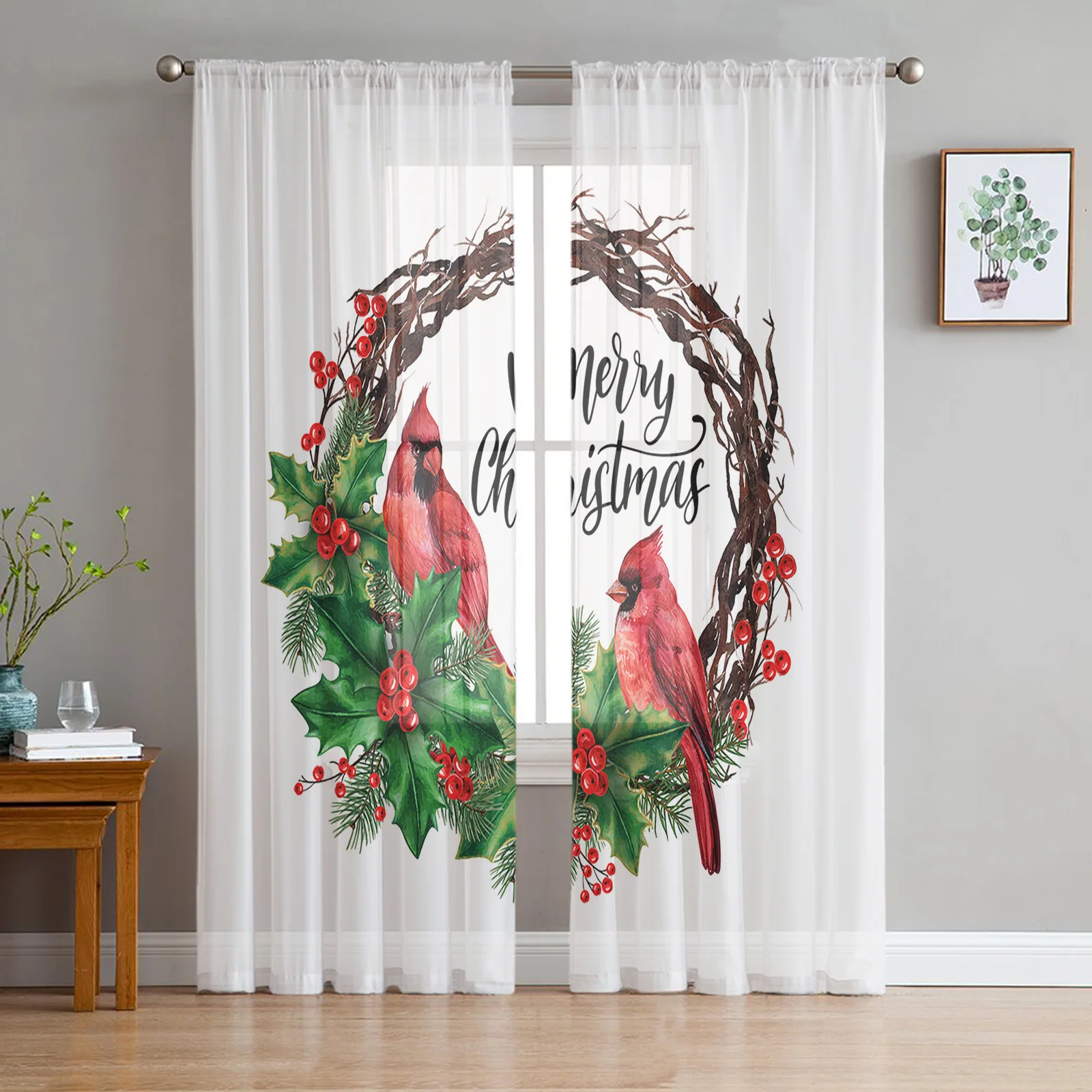 

Christmas Cardinal Berry Sheer Curtains for Living Room Bedroom Tulle Curtain for Kitchen Home Decor Window Drapes