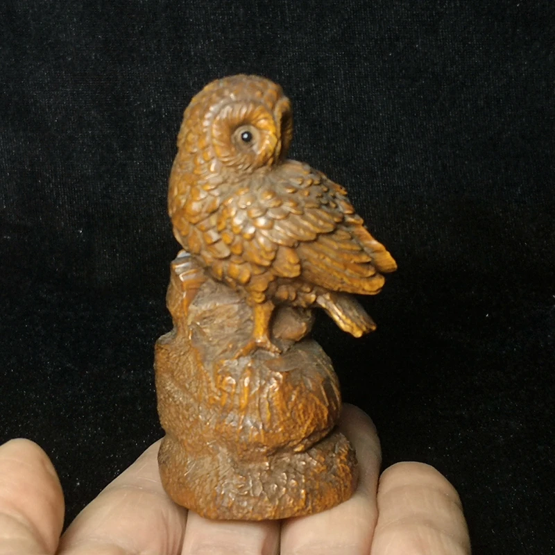 

1919 Antique art Size 3.2 Inch Old Chinese Boxwood Wood Hand carved vivid Owl Figurine Statue Decoration Gift Collection