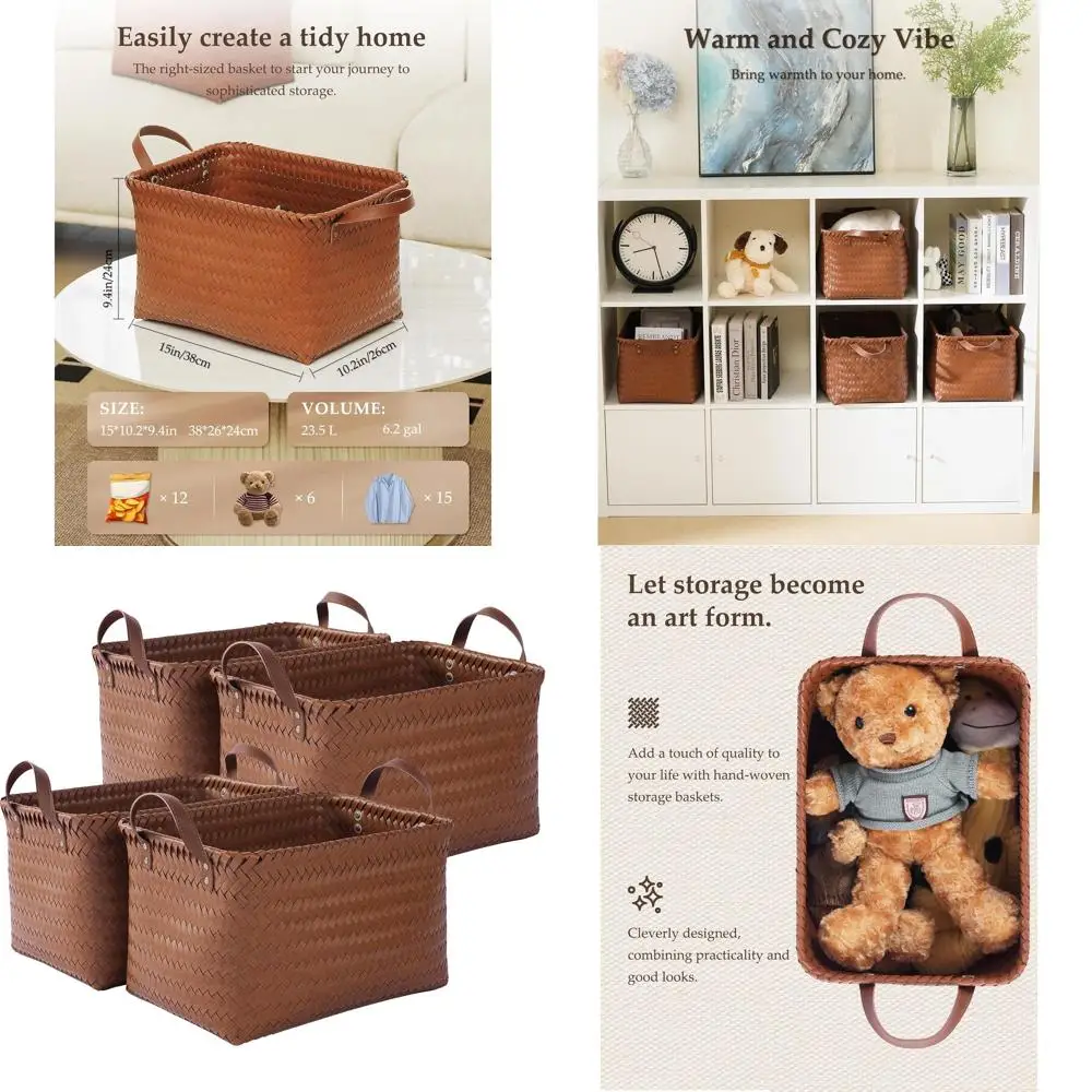 

Набор из 4 коричневых тканых корзин для белья для хранения — идеально подходит для одежды, одеял и домашней организации.