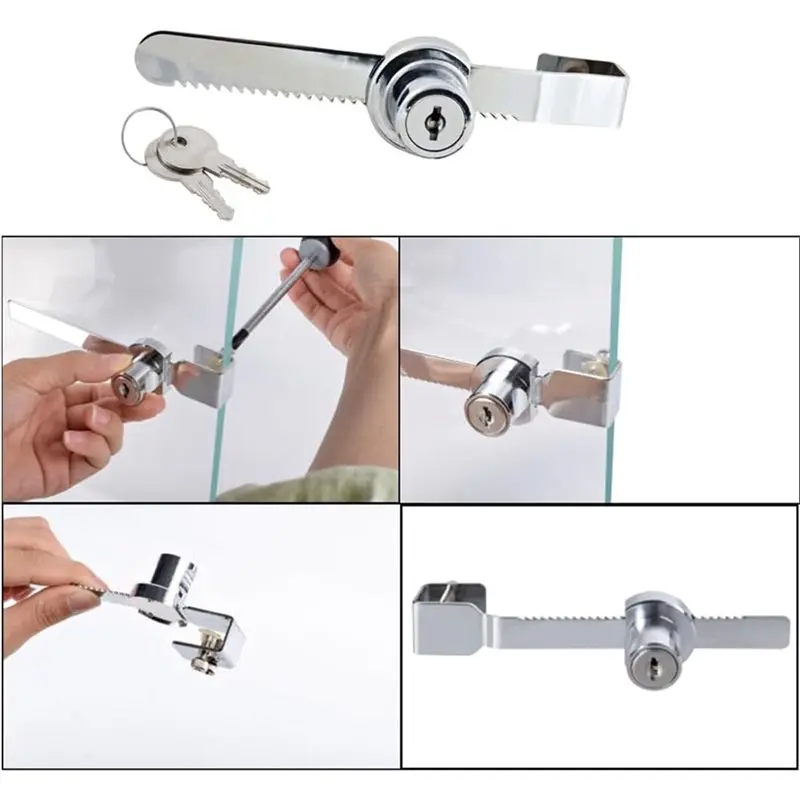 قفل علبة عرض ABZC-Secure، قفل بسقاطة بلمسة نهائية من الكروم، يناسب زجاج 4-8 مم، باب زجاجي منزلق، عبوتان