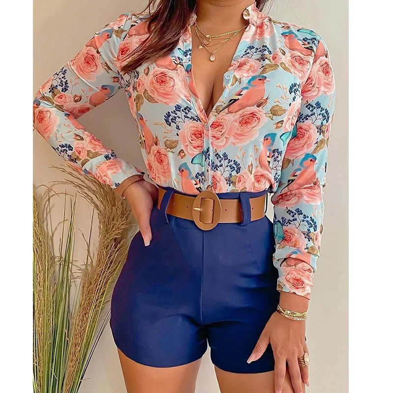 Shorts Women's Clothing Set New Digital Printed Standing Collar Long Sleeved Shirt Female's Top and Sexy Half Pants Suit 2024