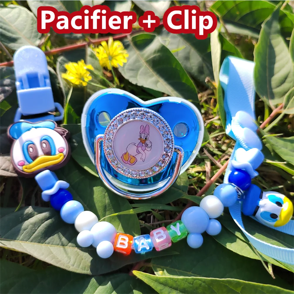 Luxury New Disney Donald Duck Baby Pacifier With Chain Clip For Newborn BPA Free Luxury Bling Fake Pacifier Set Chupeta 0-24 M