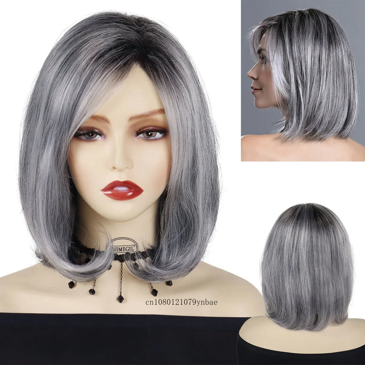 Synthetic Hair Silver Grey Wigs for Women Short Inner Buckle Bob Wig with Bangs Grandma Cosplay Costume Older Wig Daily Party