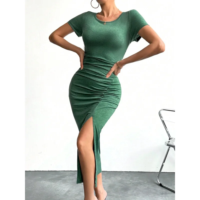 

YQ1-insSexy Hot Girl Waist Ruched Design Side Slit Slim Fit Bodycon Dress