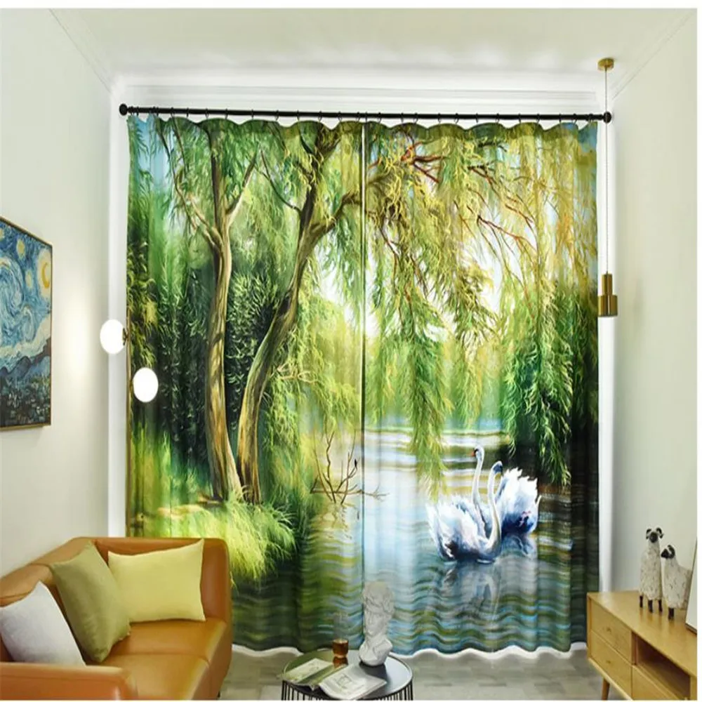 New creative printing Swan small fresh curtains custom-made bedroom study thickened windshield green forest curtains blackout