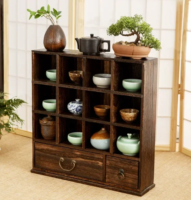 yesChinese Solid Wood Wall Curio Shelf Multi-Cabinet Display for Tea Room & Living Room Vintage Rustic Antique Showcase and Stor
