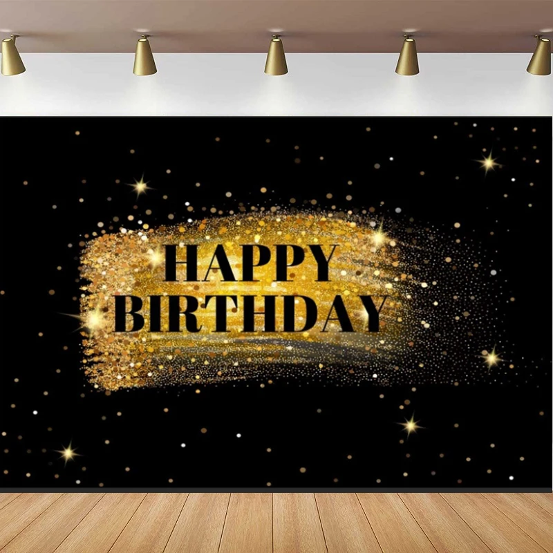 

Happy Birthday Party Photography Backdrop Black And Gold Glitter Bokeh Sequin Spots Background Golden Sparkle Shining Dot Banner