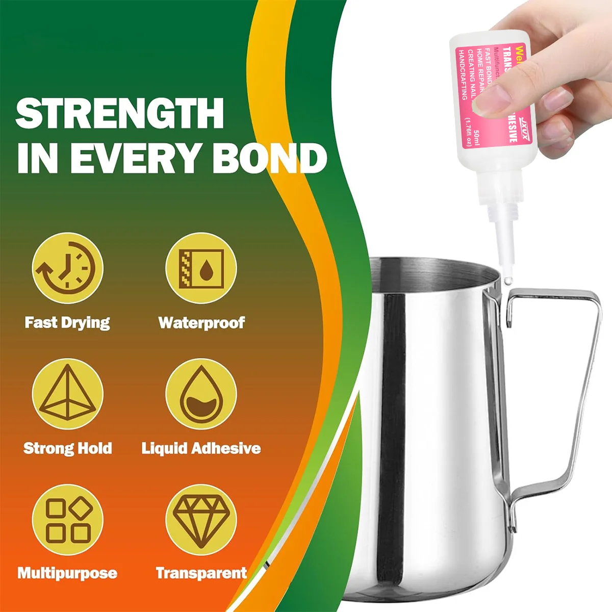 Cola transparente de secagem rápida, Super Cola 7 Segundos Reparação rápida Preenchimento Reforço Sistema de dupla adesão Resina, Resistência à água, Fórmula ecológica, delicada com os materiais, 50 g