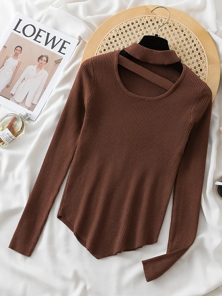 Korean Hollow Out Halter High Neck Women\'s Sweater Autumn Winter Soft Pullover Jumper Warm Women Knitwear Sweater Solid Tops