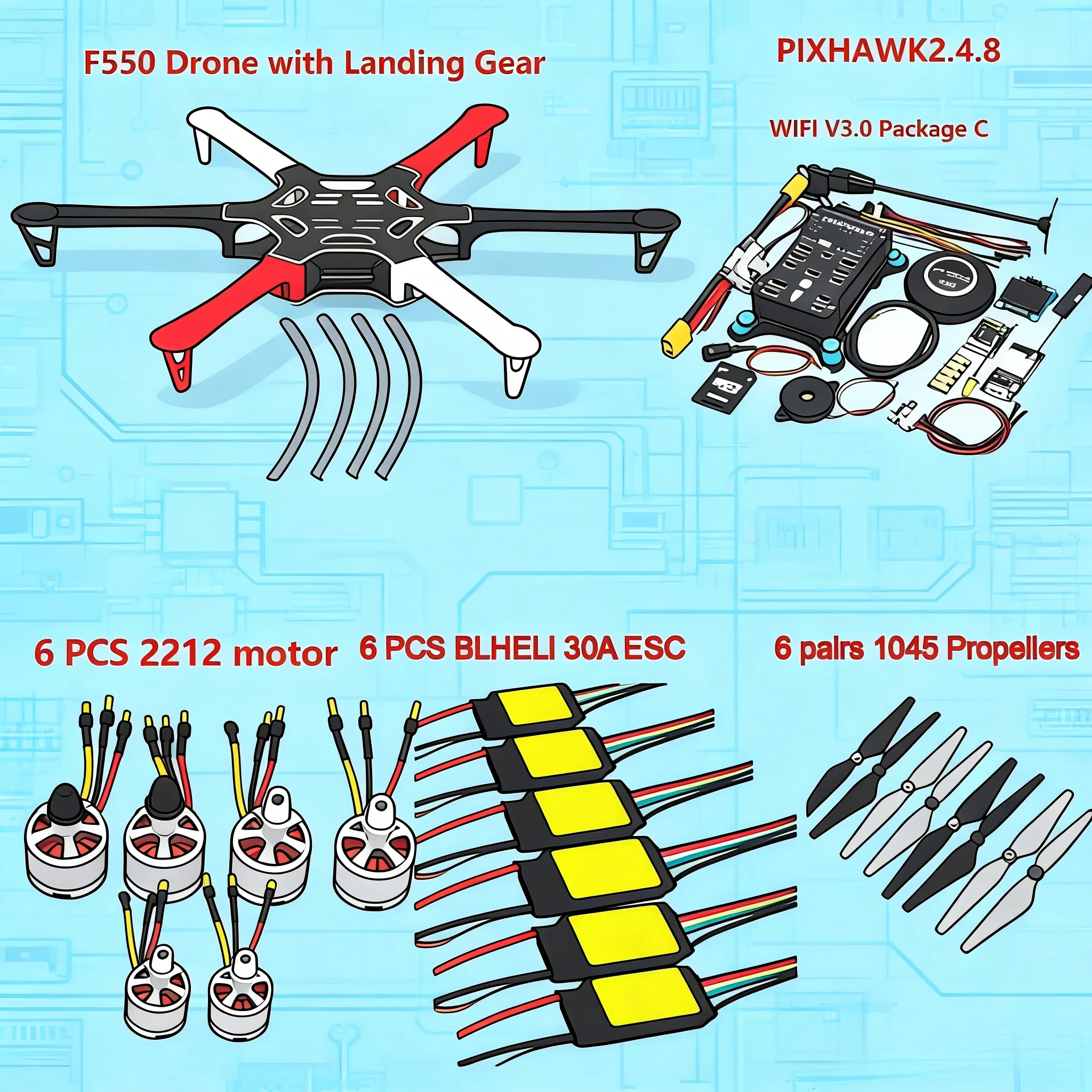 Fiber 550 Hexa Frame Kit PIXHAWK2.4.8 Flight Control Carbon Ardupilot 100MW Radio Telemetry Quadcopter BLHELI 30A 2212 Motor ESC