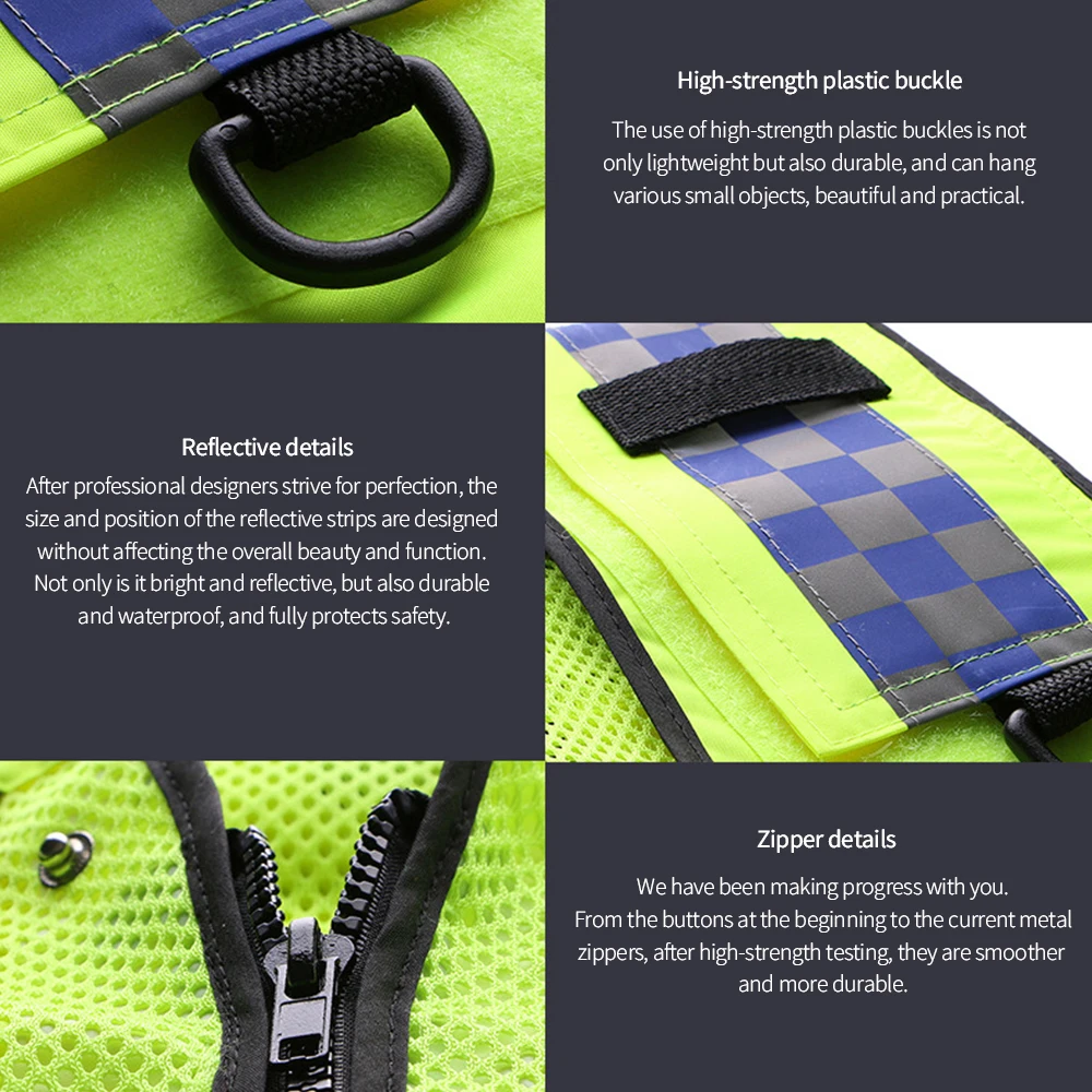 Traffic Police Night Reflective Safety Vest Breathable Coat Pockets Zipper for Tactical Construction Worker High Visibility Vest