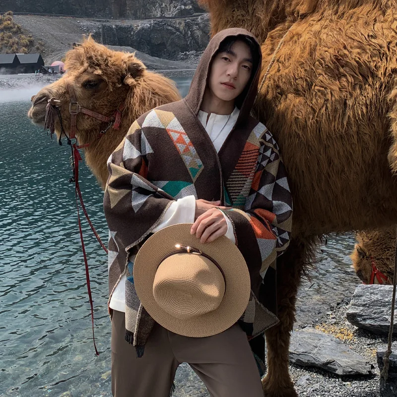 Men's Geometric Style Ethnic Trend Shawl Outdoor Travel Warm and Windproof Cloak Shawl Cloak Autumn and Winter Photography P6