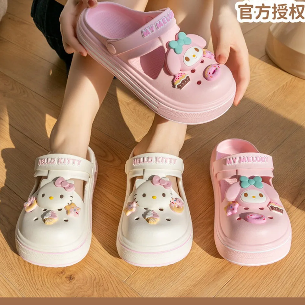 

Сандалии Hello Kitty Kuromi Cinnamoroll Melody с мультяшными персонажами для родителей и детей, нескользящие садовые туфли из ЭВА, летние пляжные шлепанцы, обувь для улицы