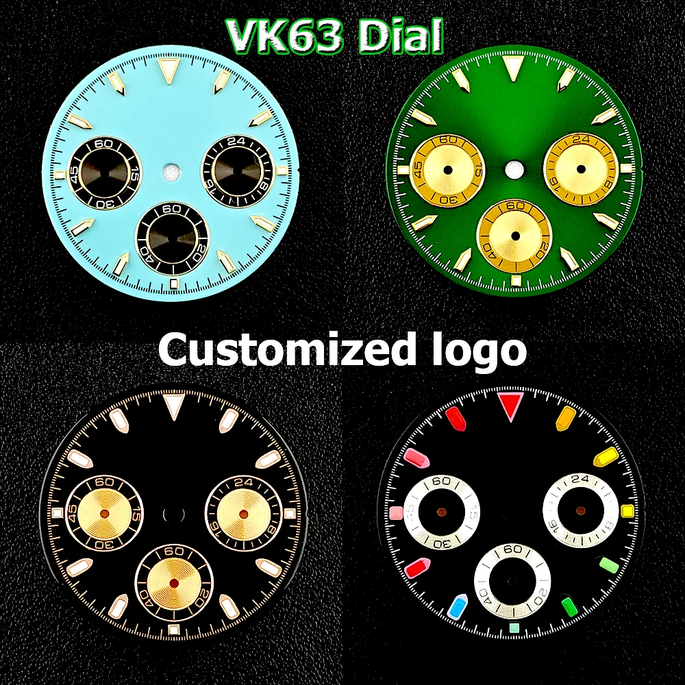 Cadran VK63 pour hommes, logo personnalisé, cadran de synchronisation, cadran lumineux vert adapté au mouvement à quartz VK63, accessoires de montre