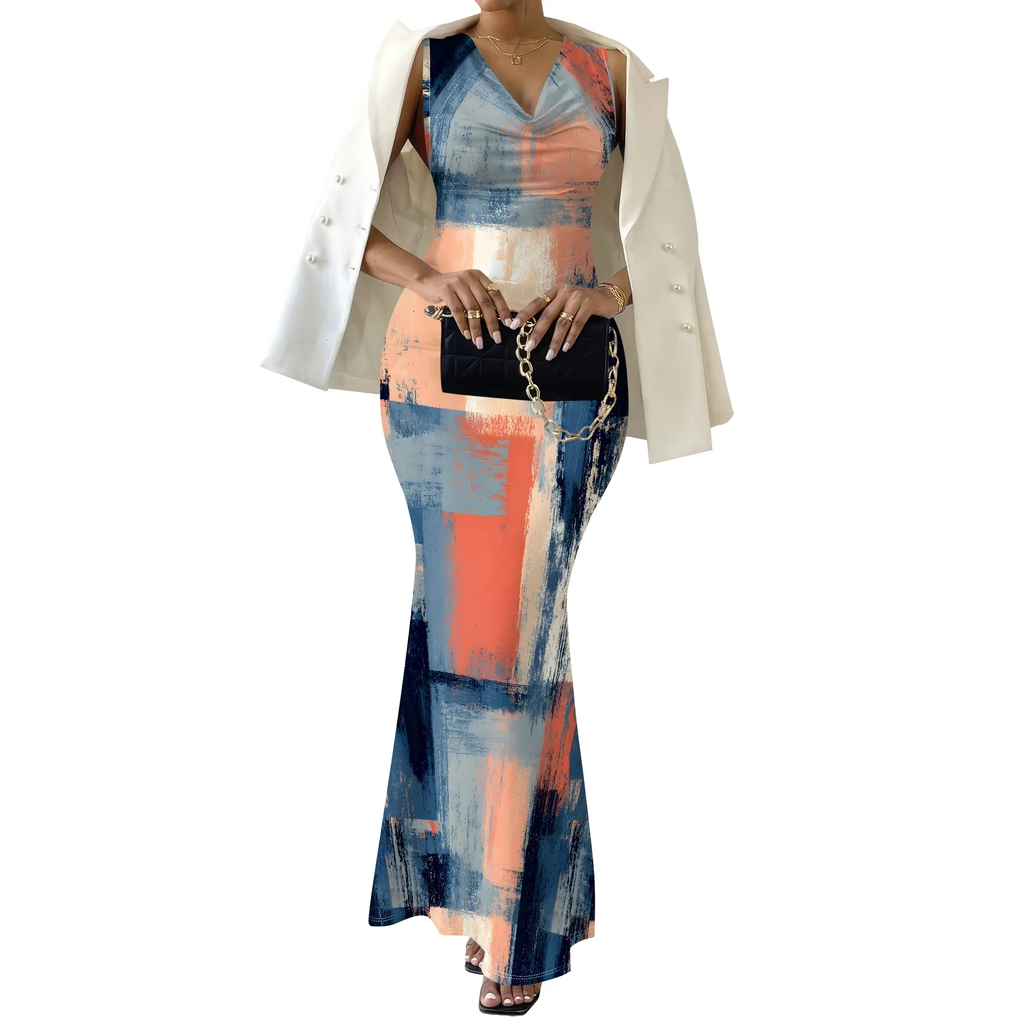 Abstract Print Maxi Dress, Sleeveless Cowl Neck Bodycon Gown, Brushstroke Pattern Party Wear, Women's Evening Clubwear XS-2XL