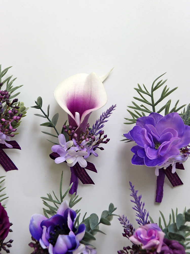 GT Corsages de seda para decoración de boda, ramillete de muñeca rosa, alfiler, flores púrpuras para invitados