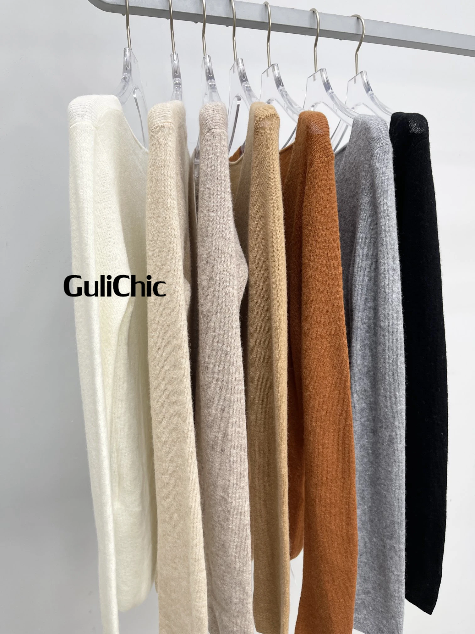 GuliChic-V-Neck Long Sleeve Thin Knitted Sweater, Cashmere Wool, Stretch Slim Pullover, Top Knitwear