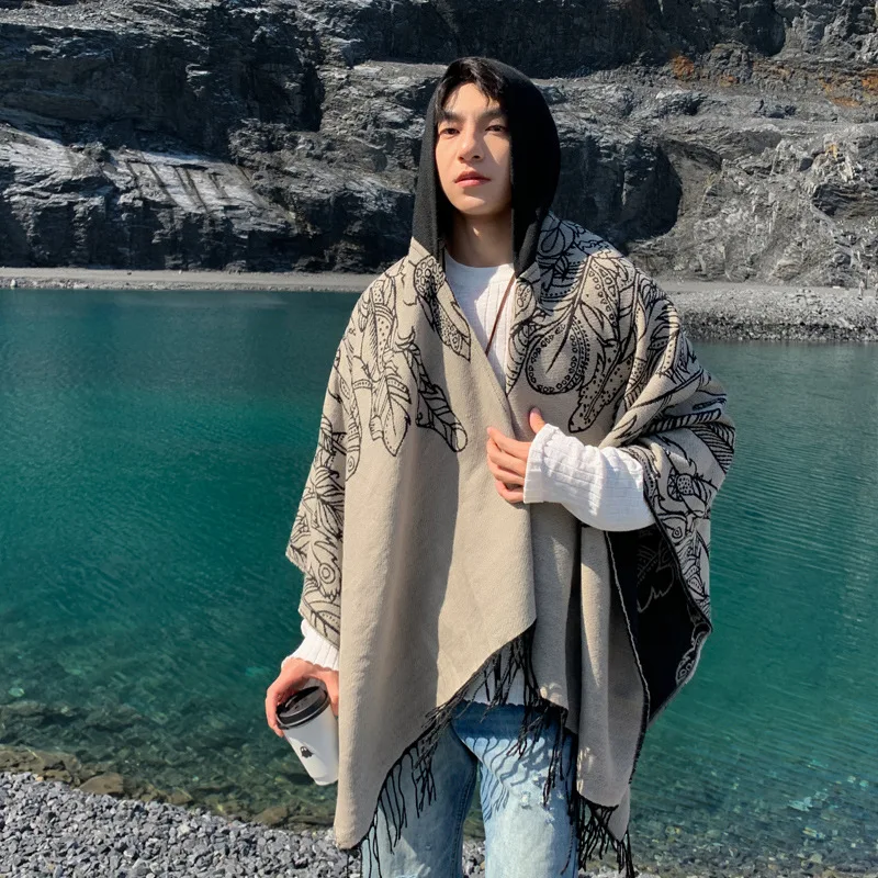 

Autumn and winter men's cloak travel imitation cashmere hooded cloak warm double-sided ethnic shawl cloak scarf trend P8