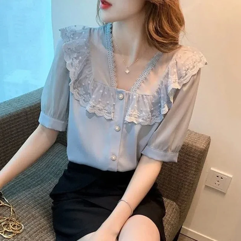 Elegant Ruffle Edge Lace Patchwork Shirt Tops Summer New Short Sleeve Solid Color Loose Blouse Temperament Sweet Women Clothing