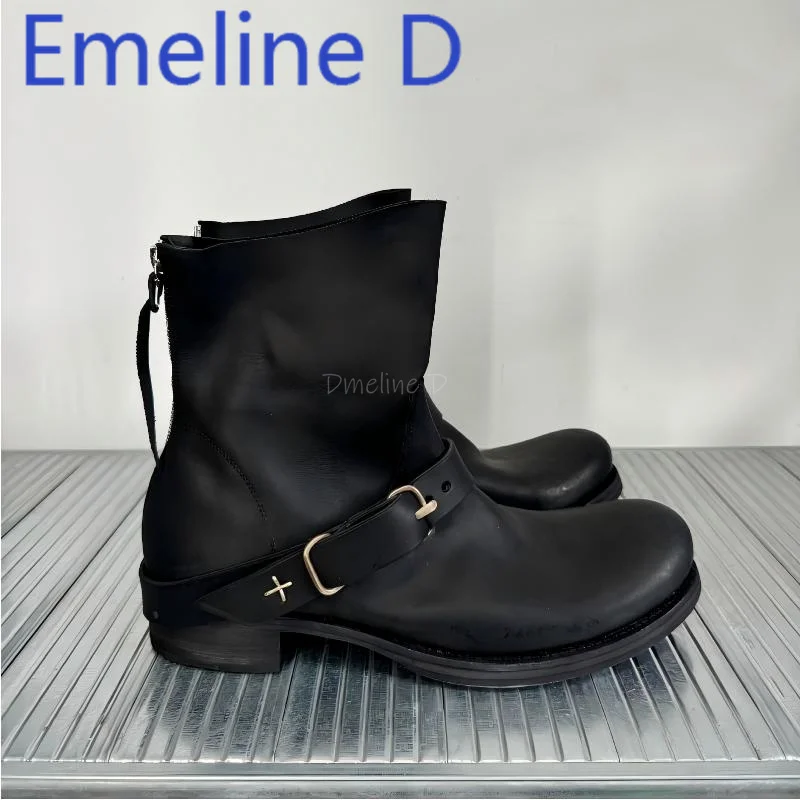 Back Zipper Upturned Chelsea Boots Retro Pleated Belt Buckle Decoration Motorcycle Boots Thick Soled Midsole Knight Boots