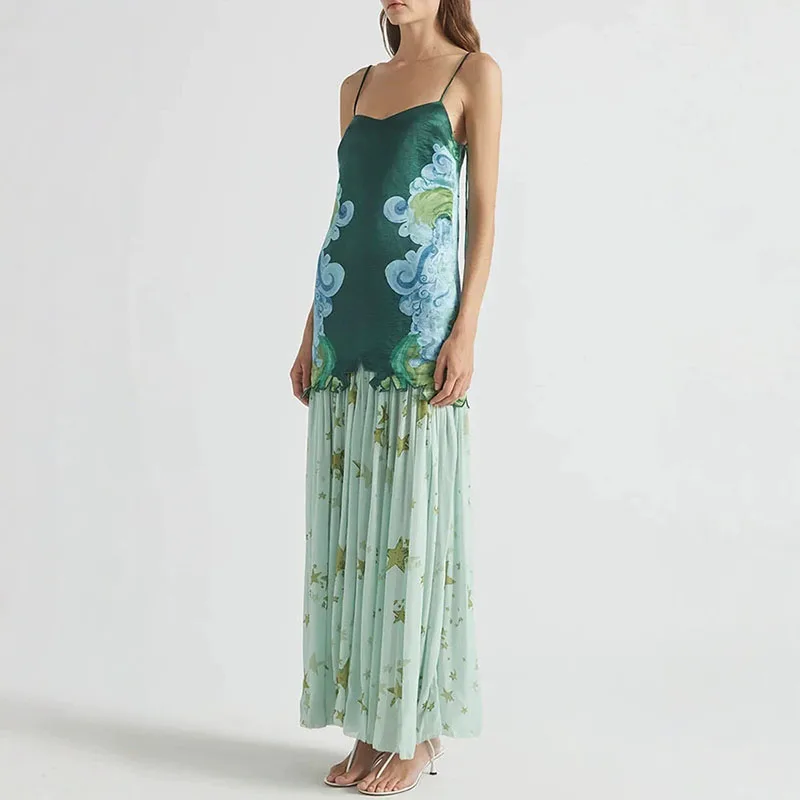 

Sexy V Neck Sling Top & Pleated Long Skirts Set 2026 Spring Summer Floral Print Vacation Outfit Women's Sleeveless Bohemian Suit