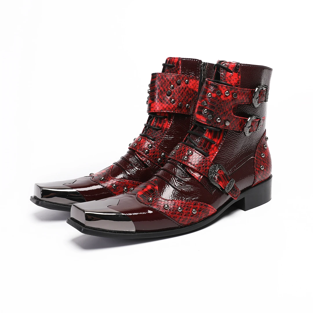 Spring Man Metal Fangtou Belt High-heeled Short boots Western Cowboy Boots Cowhide Serpentine Printing Stage show Party boots