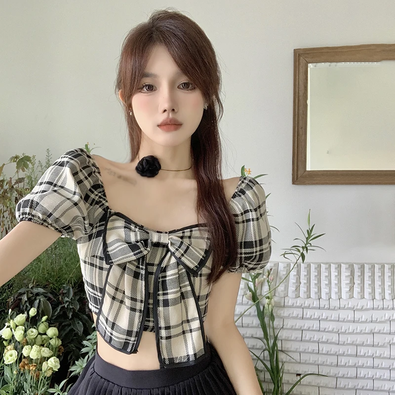 Women\'s Plaid Short Sleeve Tie Up Back Crop Top Off Shoulder Square Neck Blouse