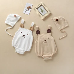 Newborn boys and girls cute little bear sleeveless shoulder strap pure cotton sweater hat two-piece set Baby triangle Romper