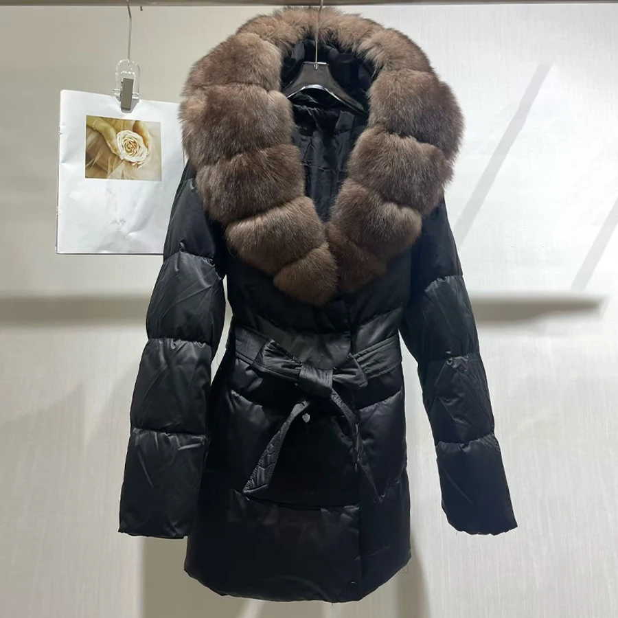 Jaqueta de pele real mulher inverno quente casacos com gola de pele de raposa natural luxo longo cinto solto puffer parka