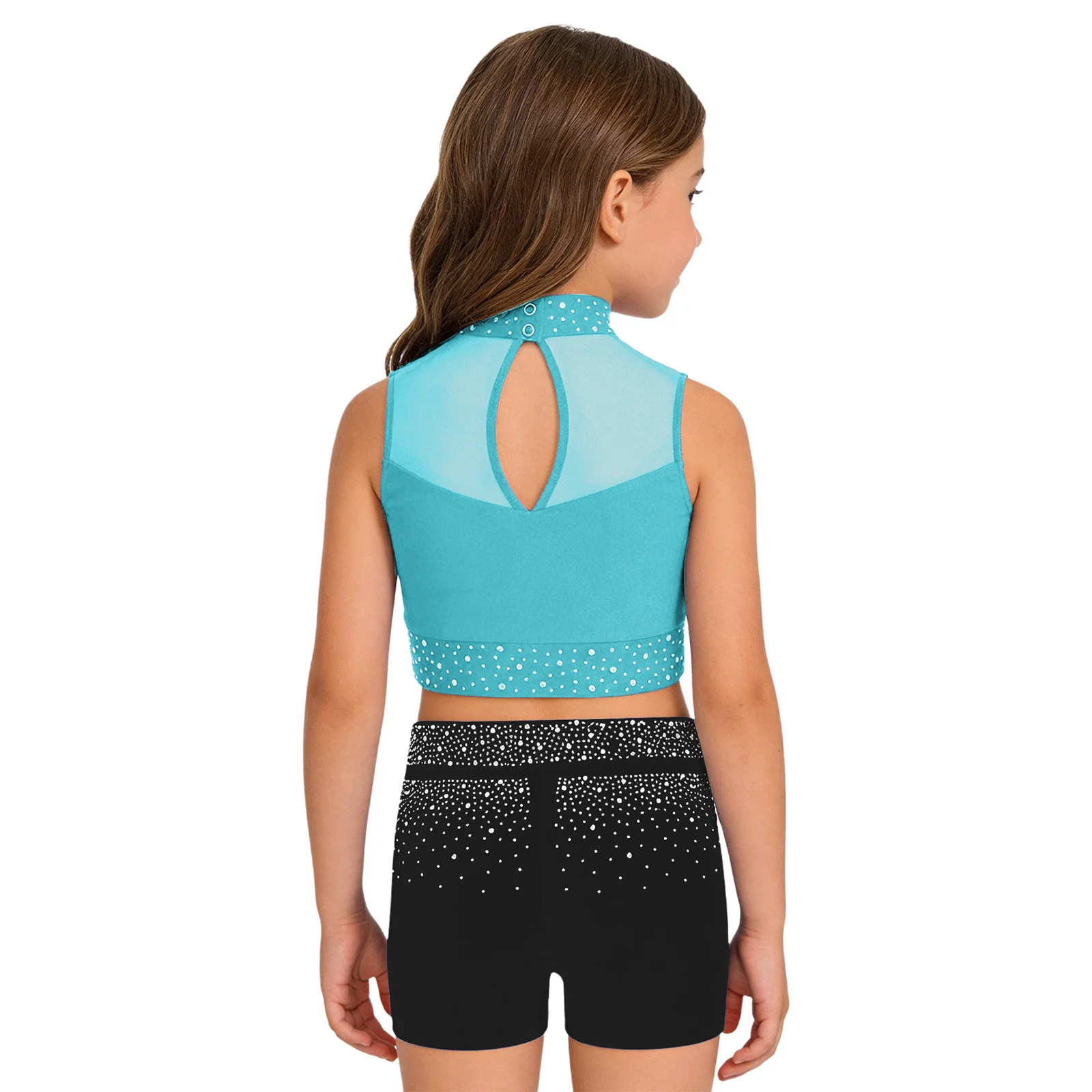 2Pcs Kids Girls Gymnastics Ballet Dance Outfit Shiny Rhinestones Sleeveless Keyhole Back Mesh Splice Crop Top+Shorts Sportwear