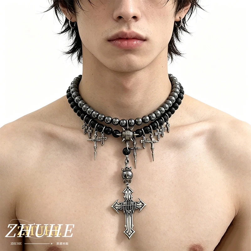 Grunge-Ästhetik Schmuckzubehör für Männer und Frauen, hochwertige kupferbeschichtete Perlenkette, kantiger geometrischer Stachel-Choker