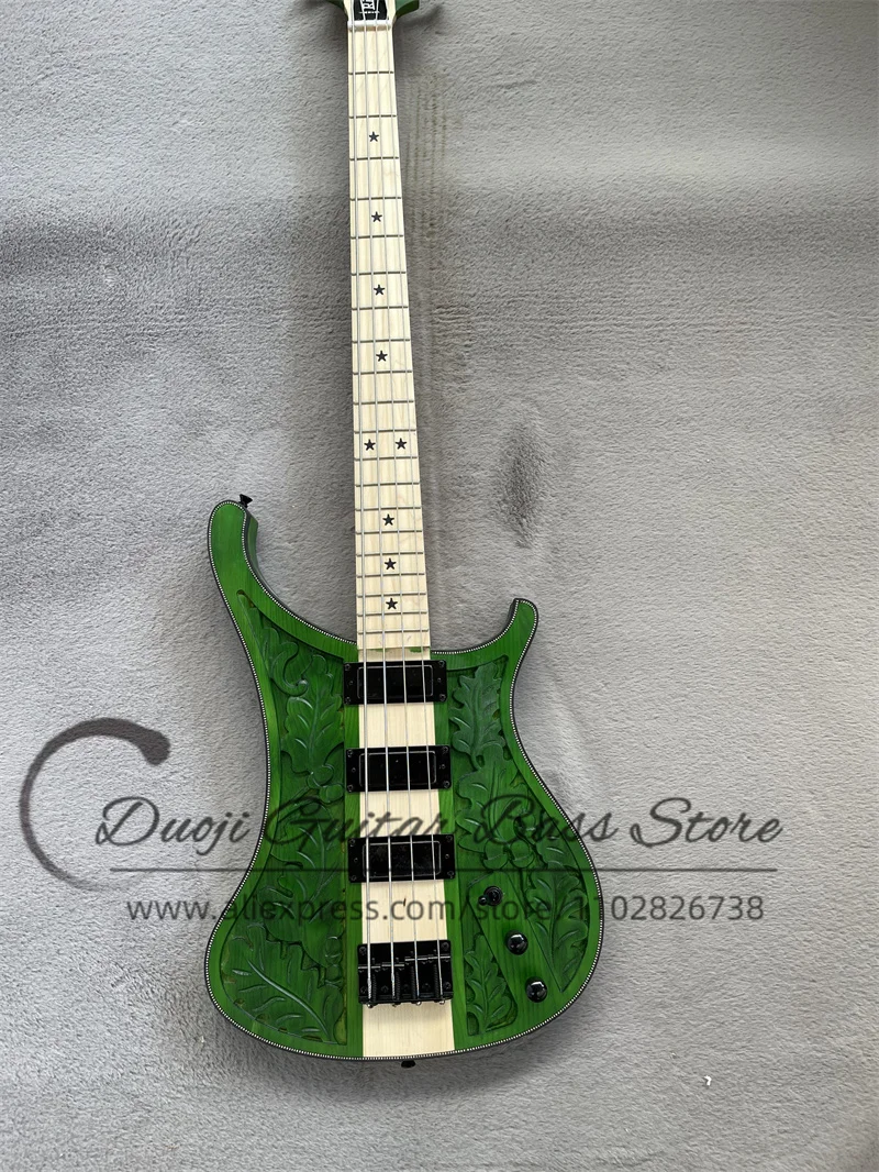 

Matte Green Bass 4003 Body Maple Neck Though ASH Wood Body Carved pattern Top Fishbone Binding Black Tuners 4 Strings Bass