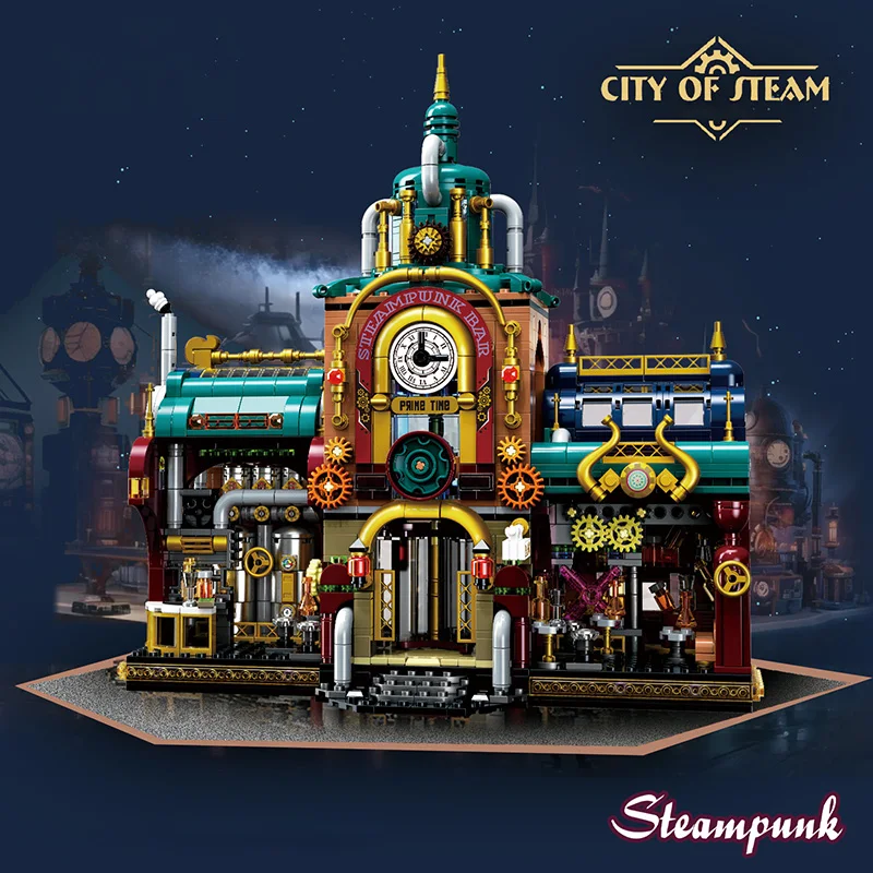 Creative 1557Pcs Steampunk Bar Model Building Blocks City Street View Architecture Bell Tower MOC BrIcks Toys For Children Gifts