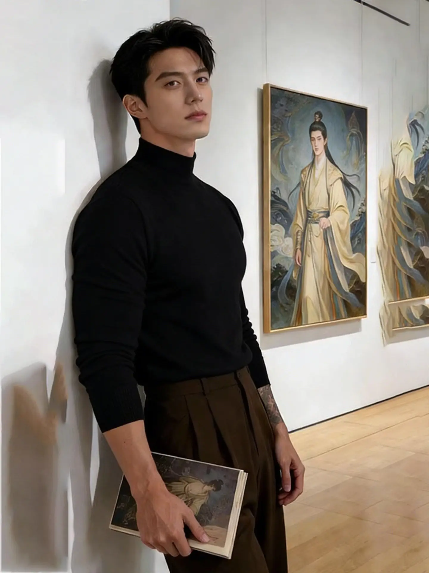 

Мужской черный вязаный свитер с высоким воротником и флисовой подкладкой, корейский стиль, базовый слой, Cleanfit, весенний, повседневный, модный