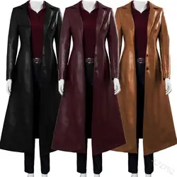 Veste longue en cuir PU pour femme, élégante, délavée, combinée