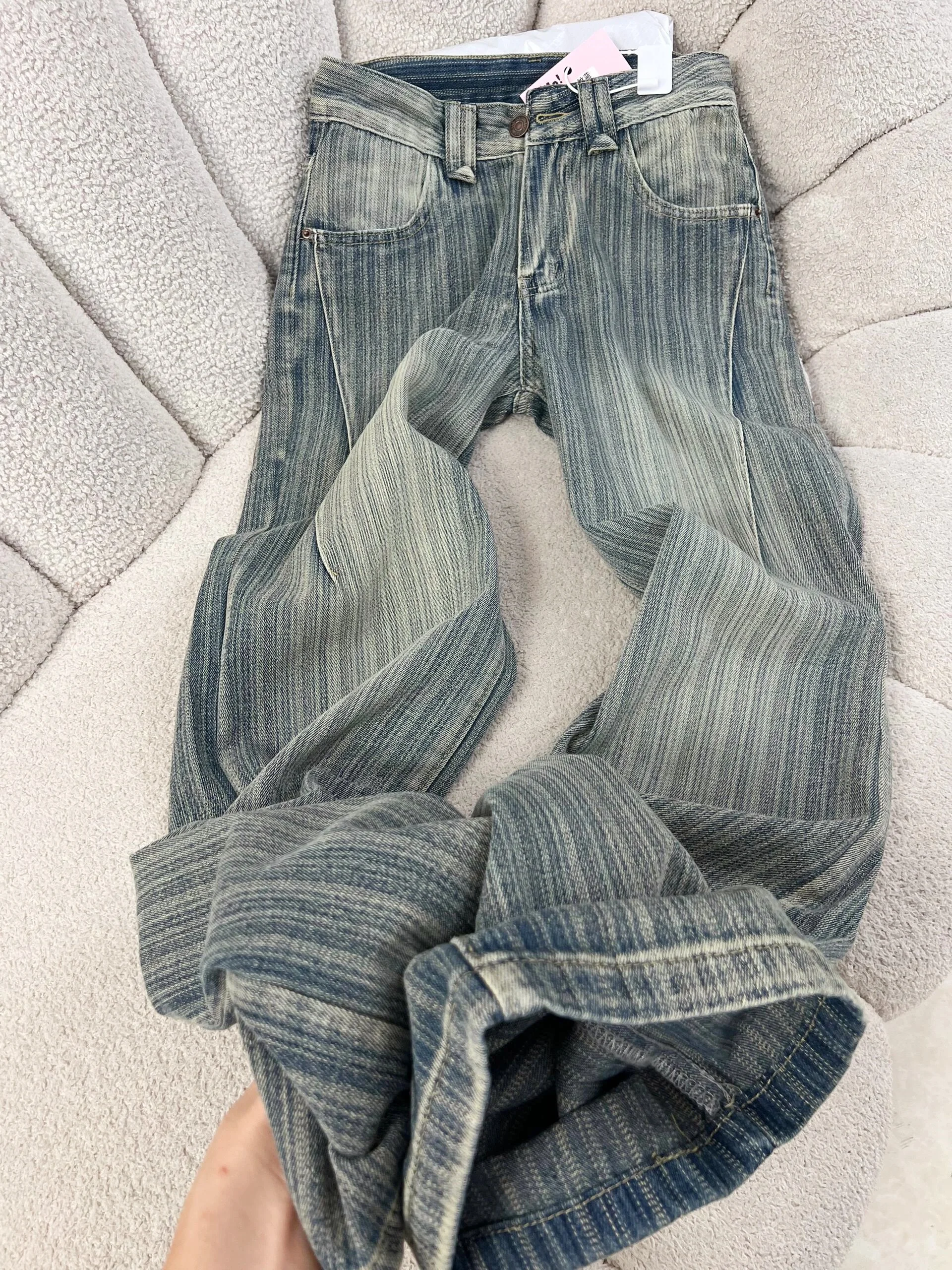 

Slimming Straight Leg Denim Jeans Women's Autumn New Vertical Stripe Loose Wide Leg Long Pants High Waist Zipper Closure Dail...