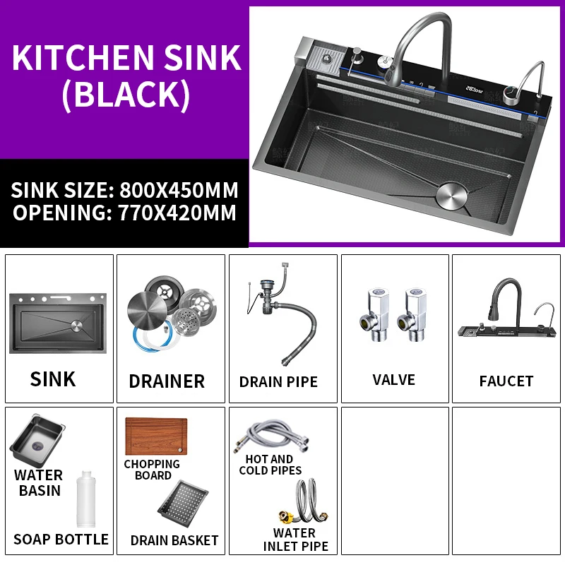 

White flying rain waterfall sink integrated multi-functional large single slot 304 stainless steel vegetable washing sink