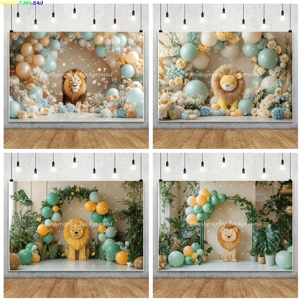 

Фон для фотосъемки с изображением животных в джунглях на день рождения, воздушные шары, арка, лев, детский душ, детский торт, портретный декор, фотофон