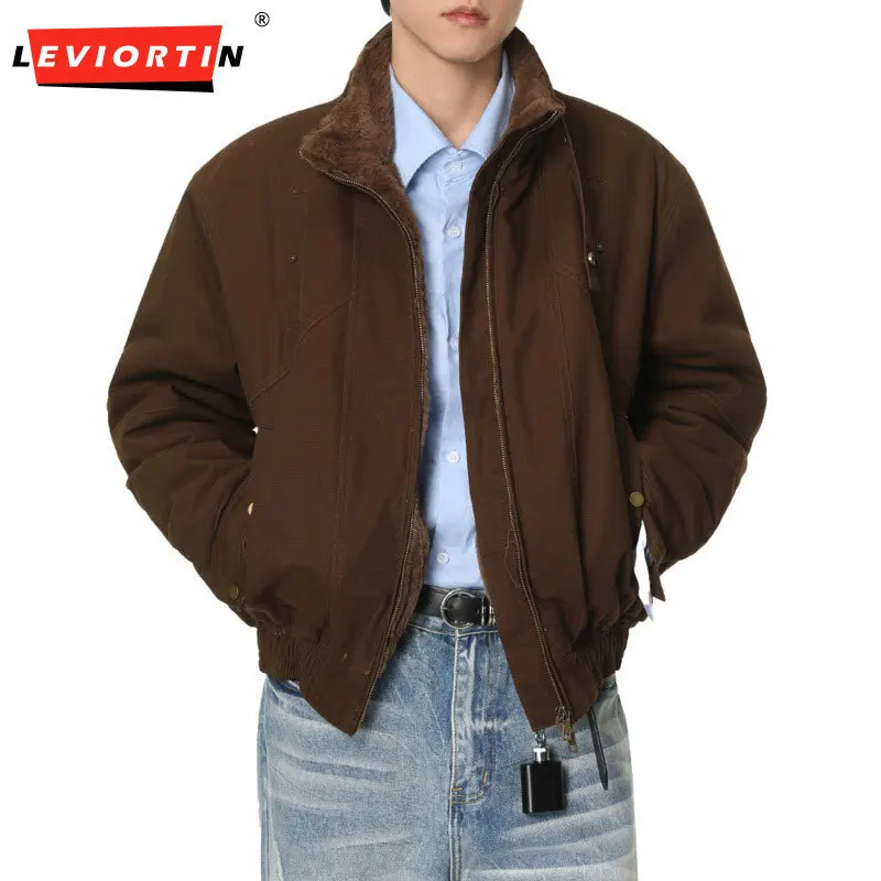 

Men's American retro versatile jacket with plush insulation, thick plush lining, stand up collar, short and loose casual jacket