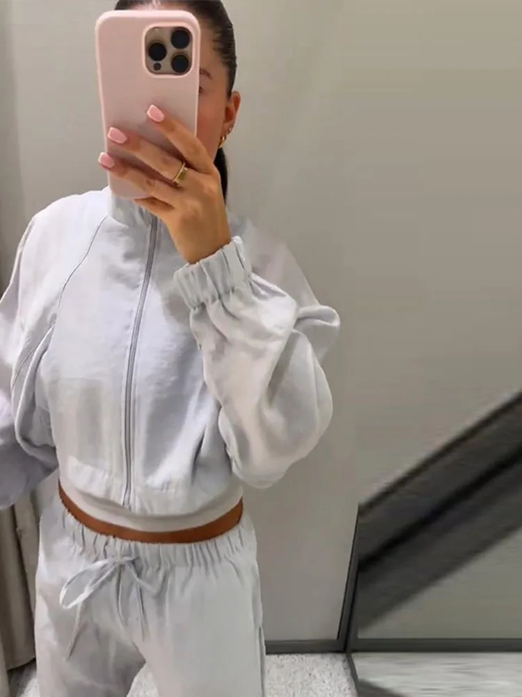 Damen-Hosenanzug 2-teilig mit Stehkragen, Laternenärmeln, Kurzmantel und Weiten Hosen, Modische Streetwear für Damen, Neu – Detail 20