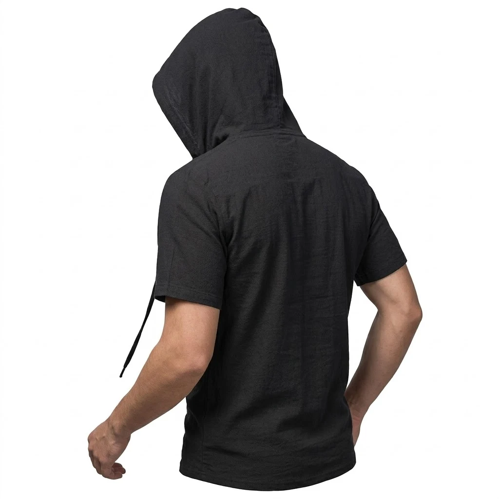 Summer Linen Hooded Shirts for Men Short Sleeve Cotton T-Shirts Button Casual Hawaiian T Shirts for Men Lightweight Sweatshirt