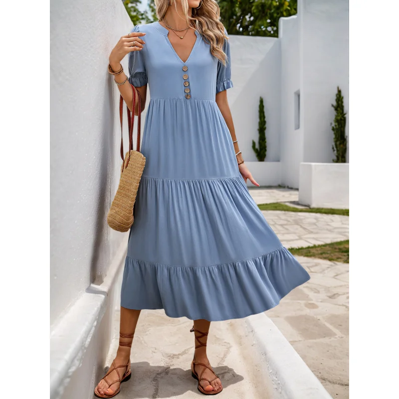 

2025 New Summer Cross-Border A-Line Solid Color Midi Stand Collar Women's Fashion Dress 001