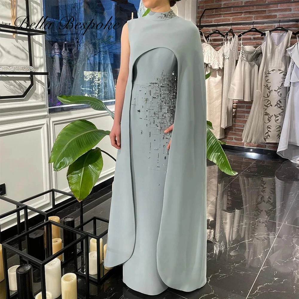 

Luxury Blue Bead Evening Dress with Cape Customized High Neck Sparkling Sequined Arabian Party Gown Pageant Prom Dresses