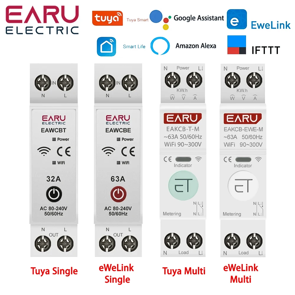 Tuya eWeLink WiFi Smart Circuit Breaker MCB 1P 63A Power Energy kWh Voltage Current Meter Protector Voice Remote Control Switch