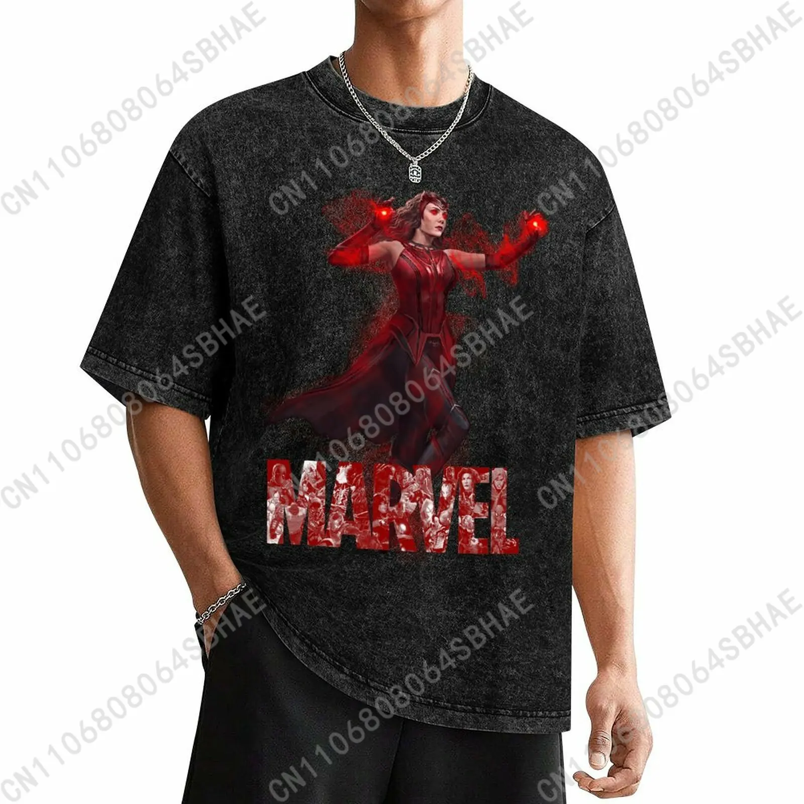 

Marvel Scarlet Witch Custom Mens Vintage T Shirt Washed Distressed Tee Men Retro Short Sleeve Personalized Cotton Shirt Cosplay