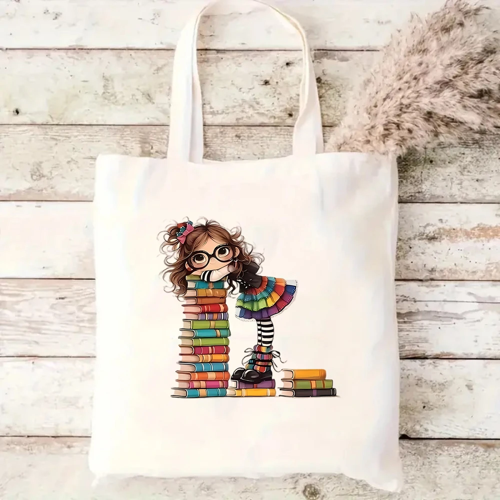 Cute Bookworm Girl Canvas Tote Bag Reading Books Eco Friendly Reusable Shopping Shoulder Bags Large Handbag for Teachers
