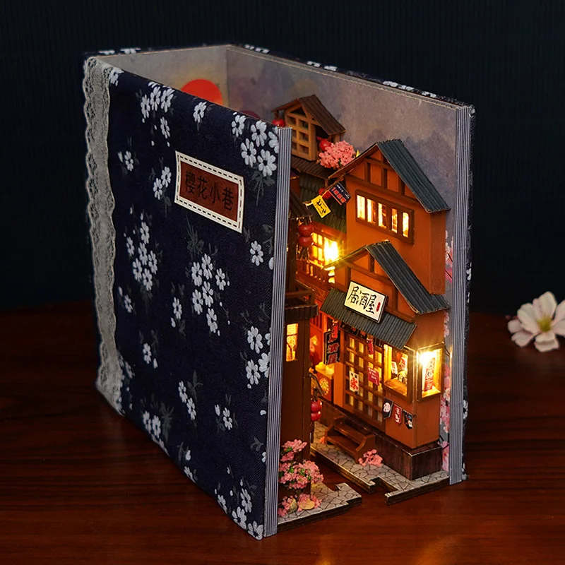 Bricolage en bois magasin japonais coin livre étagère insérer Kits maison de poupée Miniature avec meubles fleurs de cerisier serre-livres jouets cadeaux  26