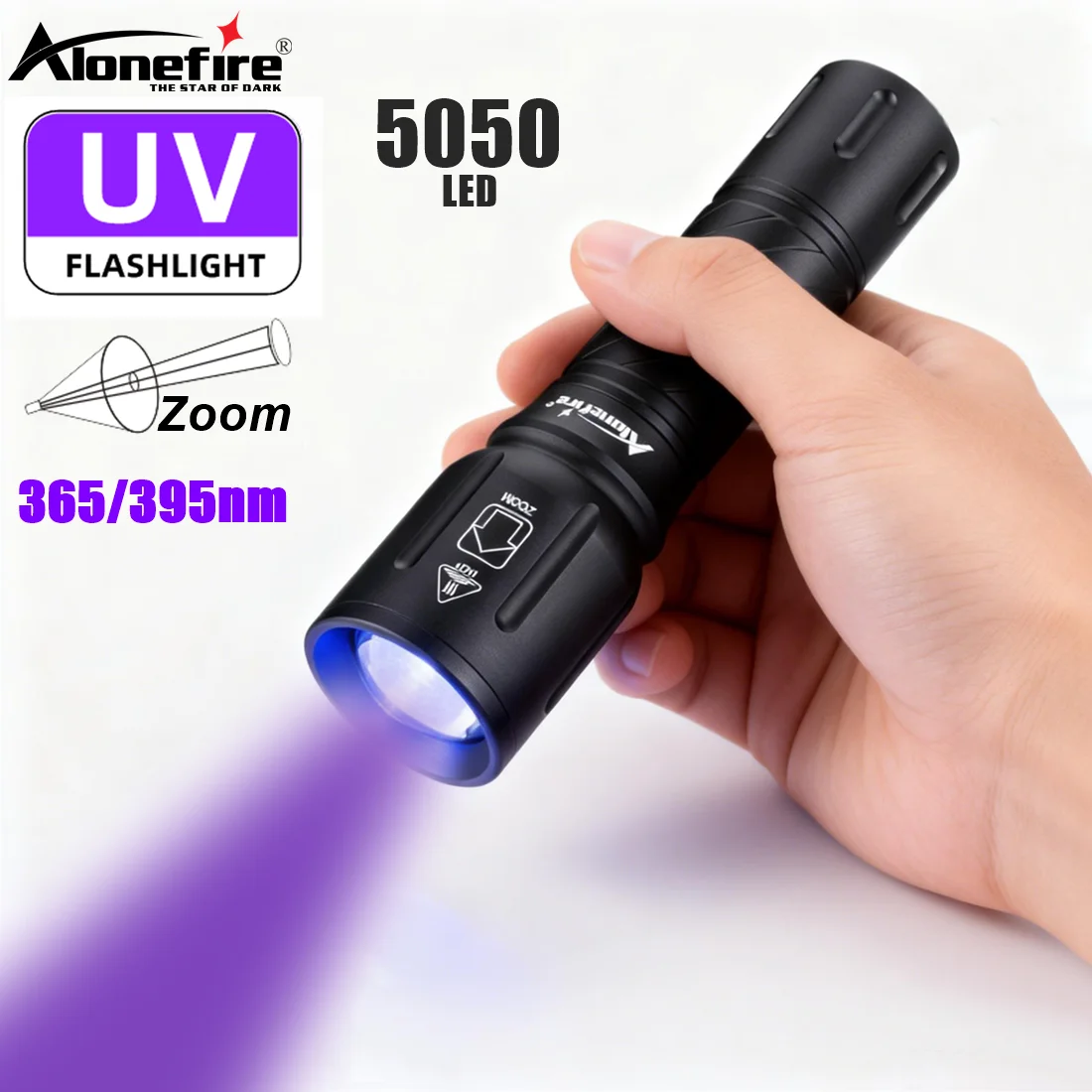 High Power Zoom UV Flashlight 365nm/395nm Invisible Ink Marker Cat Dog Urine Tinea Ore Money Scorpion Fluorescence Torch Light