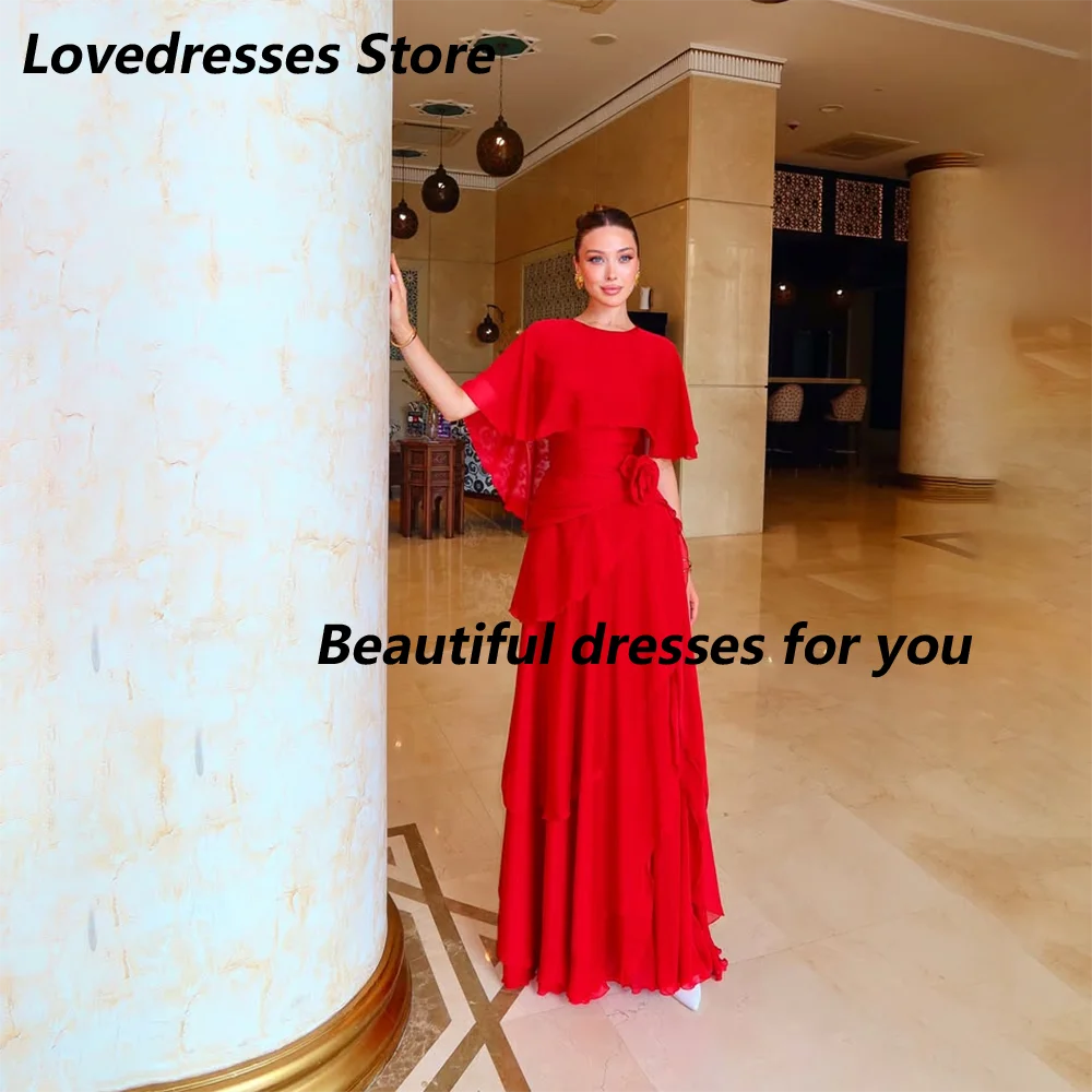 Red Mother of The Bride Dresses Customized O-Neck Cape Sleeve Ruffled Chiffon A-Line Long Elegant Women Wedding Guest Dress